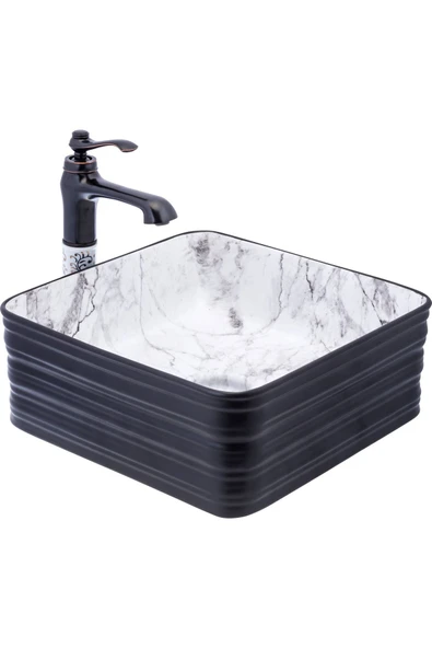 Siyah Çanak Lavabo Mermer Desen Seramik Lavabo Banyo Çanak Kare 40x40 Armatür Hariçtir ürün görseli 1