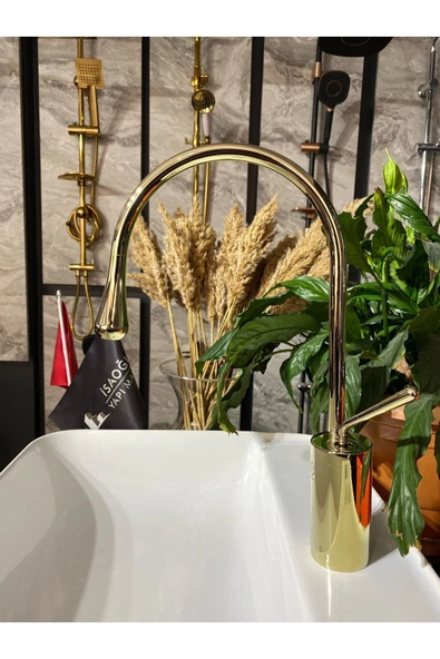 Parlak Gold Drop Design Mutfak Ve Banyo Bataryası Altın Eviye Musluğu Altın Lavabo Bataryası ürün görseli 1