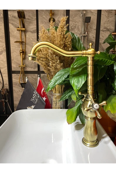 Mat Gold Mutfak Bataryası Antik Gold Evye Musluğu Antik Rustik Batarya Aç Kapa Sistem ürün görseli 1