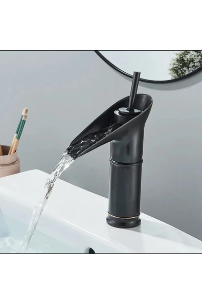 Siyah Lavabo Bataryası Şelale Akışlı Musluk Banyo Bataryası ürün görseli 1