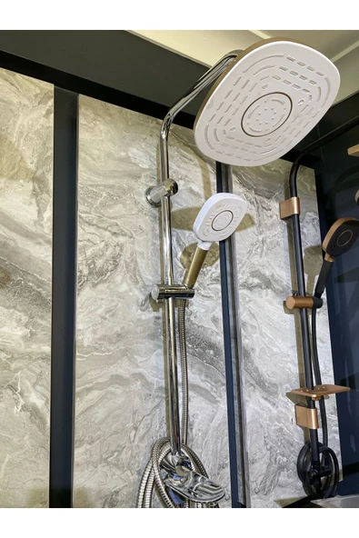 Gold Beyaz Çift Renk Tepe Yağmurlama Ve Banyo Bataryası Seti Beyaz Robot Duş Seti Beyaz Duş Başlığı ürün görseli 1