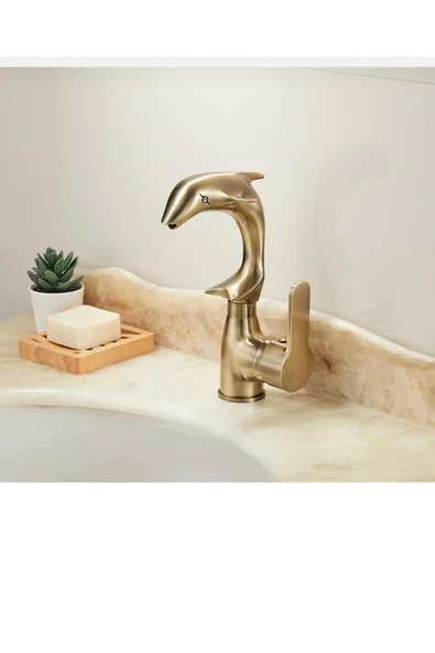 Antik Gold Yunus Balığı Lavabo Bataryası Eskitme Vintage Özel Tasarım Armatür ürün görseli 1