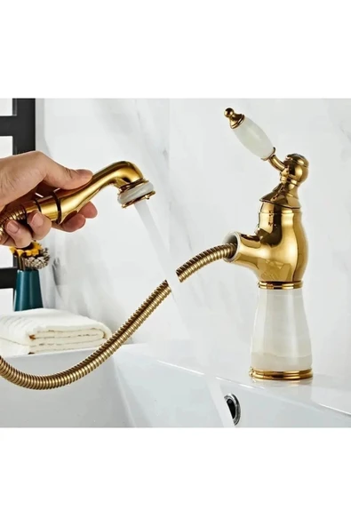Gold Spiralli Lavabo Bataryası Vintage Tasarım Mermerli Spiralli Lavabo Musluğu ürün görseli 1