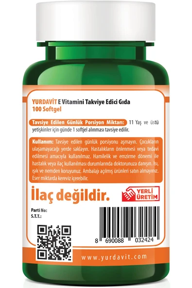 Yurdavit E Vitamini 100 Kapsül 400 Ünite Aromasız 4X100 Kapsül - Resim 4