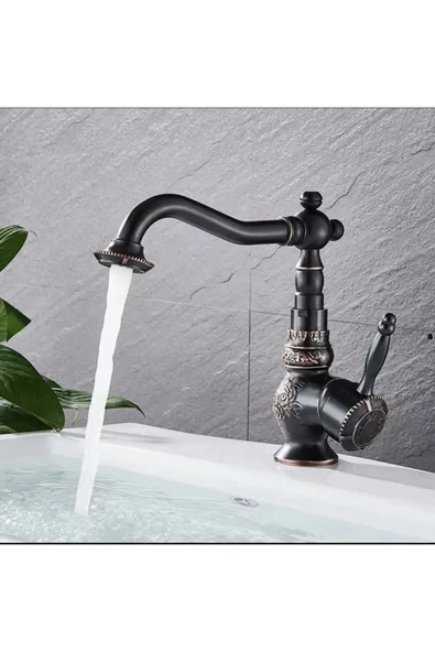Siyah Lavabo Bataryası İşlemeli Premium Tasarım Lavabo Musluğu Rustik Tasarım Banyo Bataryası Siyah ürün görseli 1