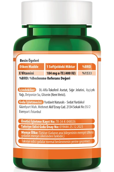 Yurdavit E Vitamini 100 Kapsül 400 Ünite Aromasız 4X100 Kapsül - Resim 3