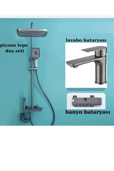 Antrasit Duş Seti Antrasit Lavabo Bataryası Antrasit Gri Set Piano Tasarım Banyo Yağmurlama ürün görseli 1
