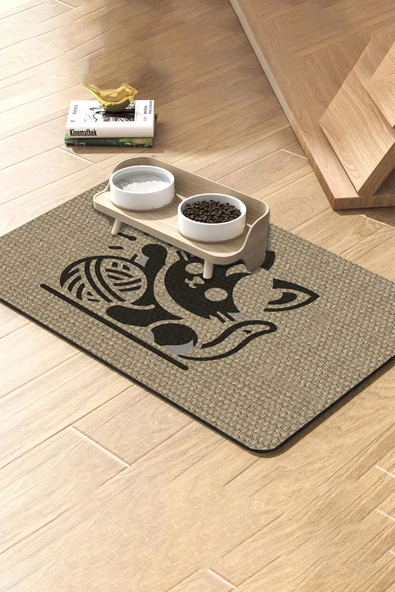 MAtGo Pati Süper Mood Deri Yumaklı Kedi Krem Beslenme Matı Kaymaz Su Geçirmez Kedi Köpek Mama Paspası 50x70cm ürün görseli 1