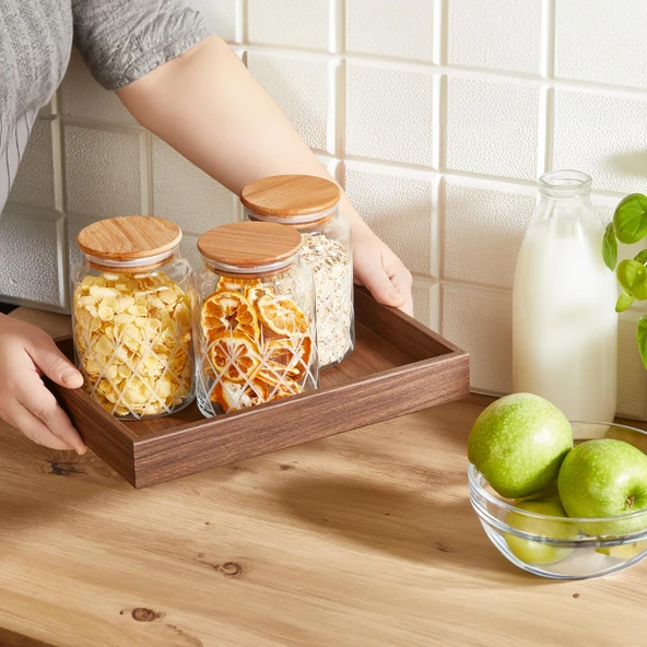 Selka Home - 3'lü Kesme Detaylı Ahşap Kapak Kavanoz 890 ML ürün görseli 1
