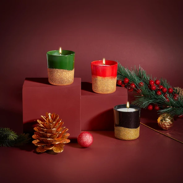 Selka Home 3'lü Christmas Simli Tasarım Cam Bardak Kokulu Candle Mum 110 gr ürün görseli 1