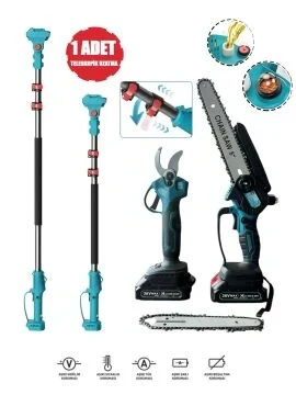 Germany Style TERA Teleskopik Uzatmalı Çift Akülü 36V 4000 Mah 2.5 Metre Yağlı Budama Testere ve Makas Seti ürün görseli 1