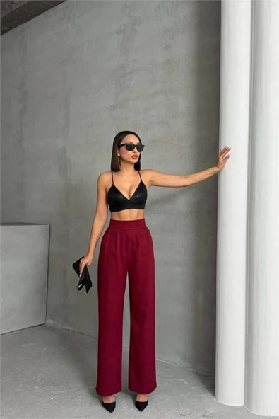 Dipmoda kadın bordo beli cırtlı palazzo kumaş pantolon DPG063 ürün görseli 1