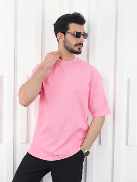 Erkek Oversize Fit %100 Organik Pamuk Kalın Dokulu Bisiklet Yakalı PEMBE T-SHİRT ürün görseli 1