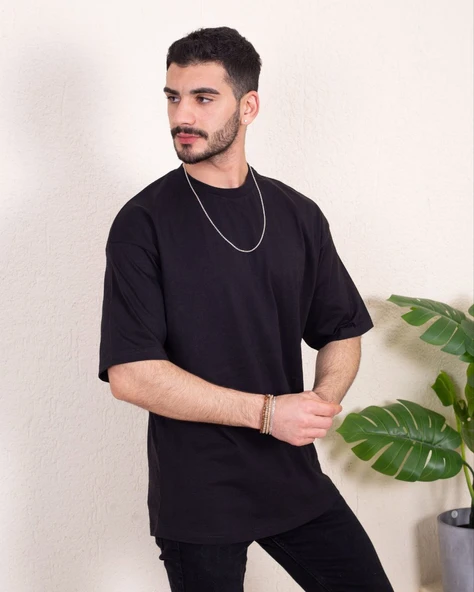 Erkek Oversize Fit %100 Organik Pamuk Kalın Dokulu Bisiklet Yakalı SİYAH T-SHİRT ürün görseli 1