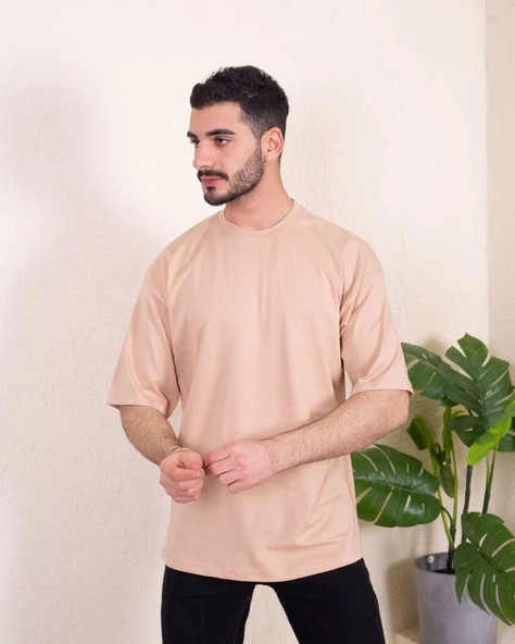 Erkek Oversize Fit %100 Organik Pamuk Kalın Dokulu Bisiklet Yakalı BEJ T-shirt ürün görseli 1