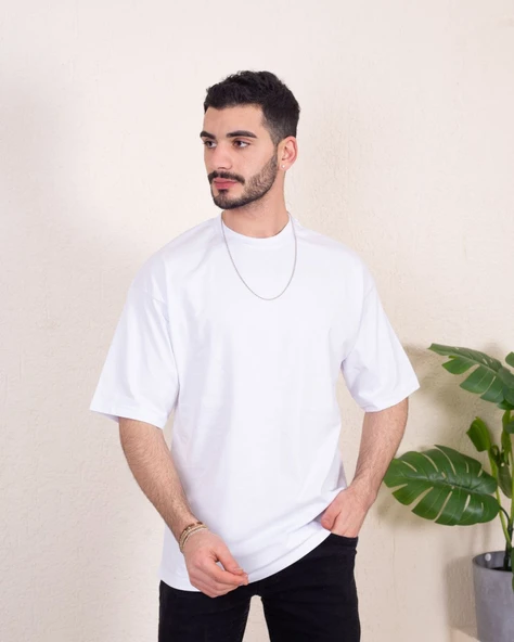 Erkek Oversize Fit %100 Organik Pamuk Kalın Dokulu Bisiklet Yakalı BEYAZ T-SHİRT ürün görseli 1