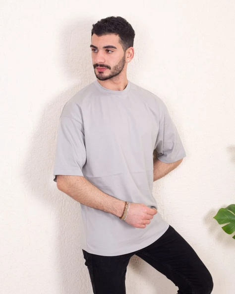 Erkek Oversize Fit %100 Organik Pamuk Kalın Dokulu Bisiklet Yakalı GRİ T-SHİRT ürün görseli 1