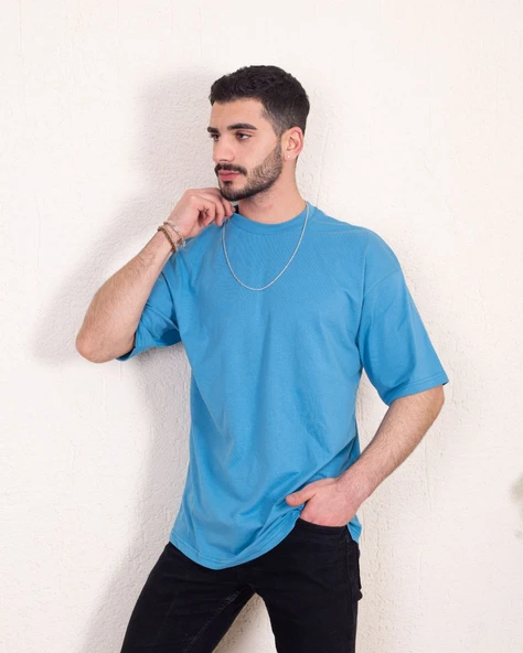 Erkek Oversize Fit %100 Organik Pamuk Kalın Dokulu Bisiklet Yakalı MAVİ T-SHİRT ürün görseli 1