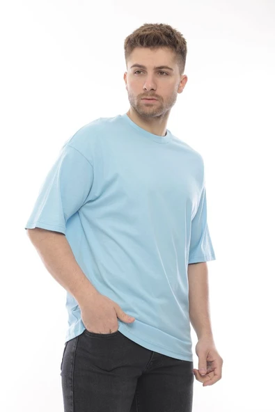 Erkek Oversize Fit %100 Organik Pamuk Kalın Dokulu Bisiklet Yakalı BEBE MAVİ T-SHİRT ürün görseli 1