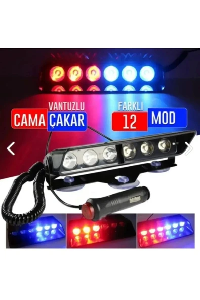 Tiger Marketing 6 Ledli Çakar Lamba Vantuzlu Kırmızı-mavi Ikaz Lambası Çakmaklık Girişli ürün görseli 1