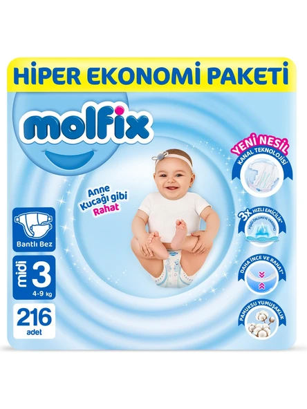 Molfix 3 Numara Midi 216'lı Bebek Bezi ürün görseli 1