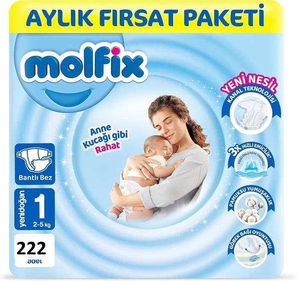 Molfix 1 Beden Yenidoğan 222'li Bebek Bezi ürün görseli 1