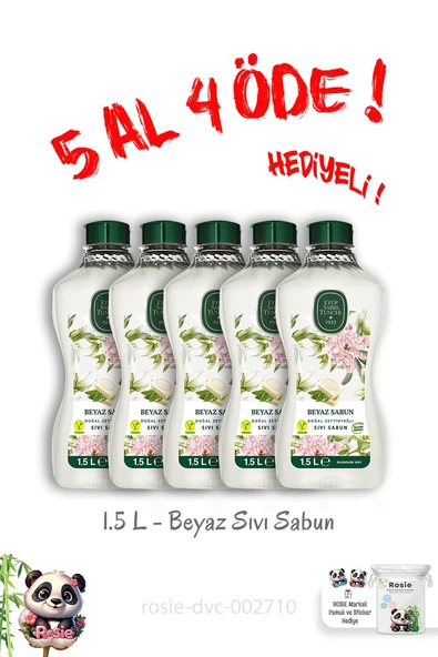Doğal Zeytinyağlı Sıvı Beyaz Sabun 1.5 L 5 Al 4 Öde ve Rosie Hediye ürün görseli 1