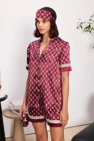 Pierre Cardin Bordo Saten Biyeli Kadın Pijama Şort Takımı 1325 ürün görseli 1