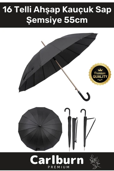 Premium Otomatik Mekanizma Baston Tip Rüzgar Korumalı Fiber 16 Telli Ahşap Kauçuk Sap Şemsiye 55cm ürün görseli 1