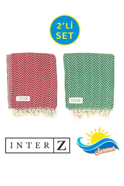 2'li Set Peştemal Plaj Havlusu , %100 Pamuk , Xxl 100x180cm, Marmaris, Kırmızı Yeşil ürün görseli 1