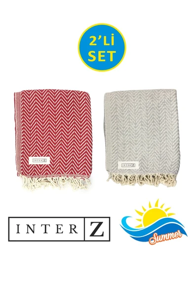 2'li Set Peştemal Plaj Havlusu , %100 Pamuk , Xxl 100x180cm, Marmaris, Kırmızı-gri ürün görseli 1