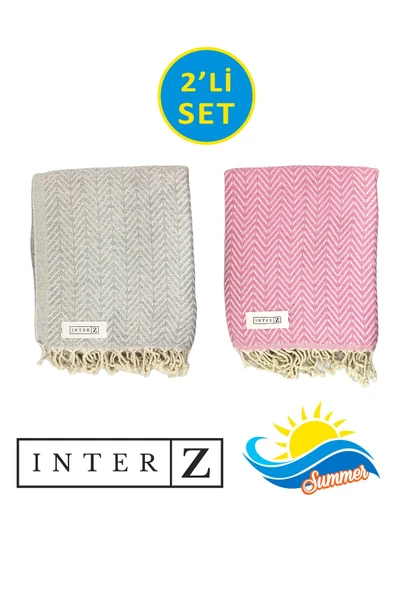 2'li Set Peştemal Plaj Havlusu , %100 Pamuk , Xxl 100x180cm, Marmaris, Gri Pembe ürün görseli 1