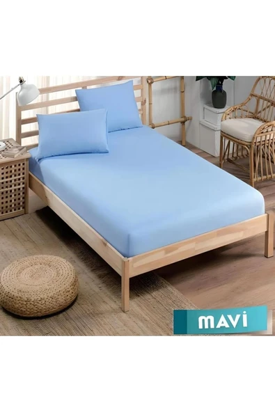 Pamuklu Ranforce Kumaş Lastikli Fitted Yastıklı Çarşaf Seti (battal Boy) Mavi ürün görseli 1