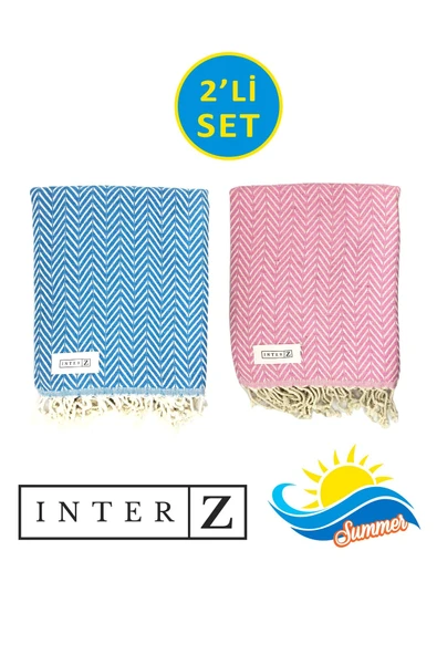 2'li Set Peştemal Plaj Havlusu , %100 Pamuk , Xxl 100x180cm, Marmaris, Mavi Pembe ürün görseli 1