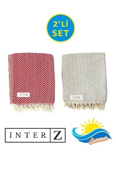 2'li Set Peştemal Plaj Havlusu , %100 Pamuk , Xxl 100x180cm, Marmaris, Kırmızı-gri ürün görseli 1