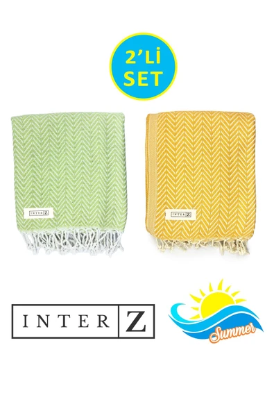 2'li Set Peştemal Plaj Havlusu , %100 Pamuk , Xxl 100x180cm, Marmaris, Fıstık Yeşili Sarı ürün görseli 1