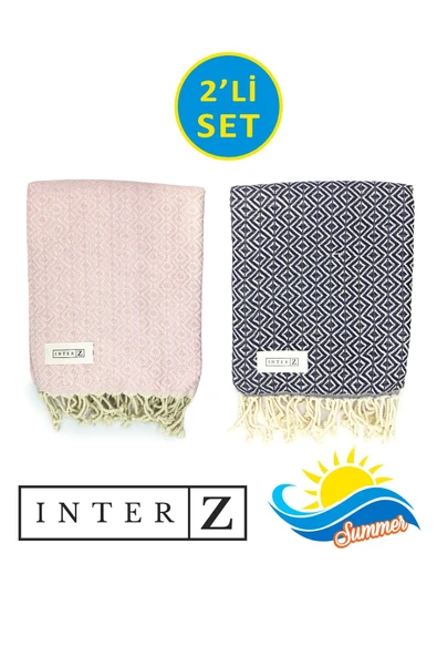 2'li Set Peştemal Plaj Havlusu , %100 Pamuk , Xxl 100x180cm, Bodrum, Lacivert Pembe ürün görseli 1