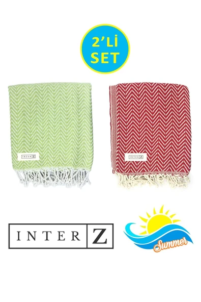 2'li Set Peştemal Plaj Havlusu , %100 Pamuk , Xxl 100x180cm, Marmaris, Fıstık Yeşili Kırmızı ürün görseli 1