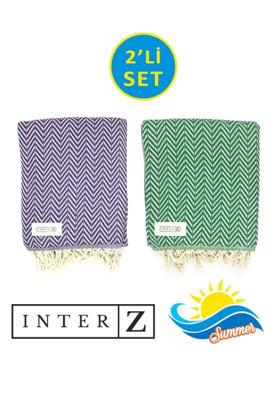 2li Set Peştemal Plaj Havlusu %100 Pamuk  Xxl 100x180cm Marmaris Mor Yesil ürün görseli 1