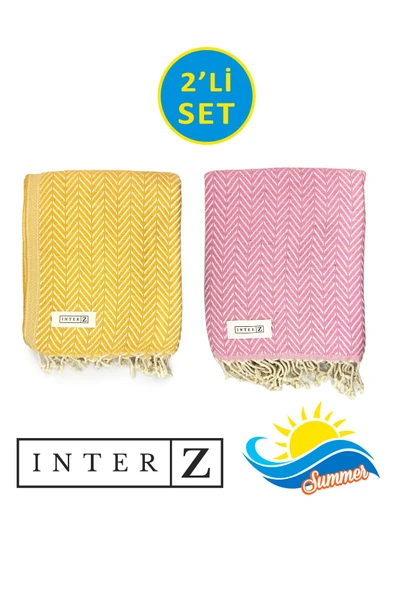 2li Set Peştemal Plaj Havlusu %100 Pamuk  Xxl 100x180cm Marmaris Sarı Pembe ürün görseli 1