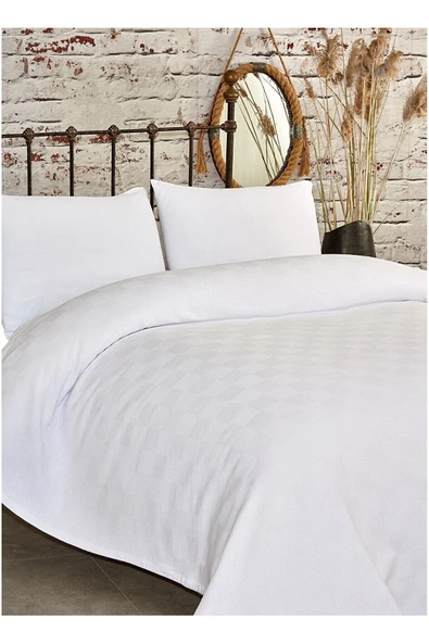 Tek Kişilik Beyaz Dama Desenli Pike. Damalı Otel Pikesi 160x230 ürün görseli 1