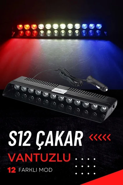 ASTRALED  S12 Lamba Cam Içi Vantuzlu 12 Led Kırmızı Beyaz Mavi Çakmaklık Girişli 12 Mod ürün görseli 1