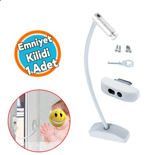 Pencere Emniyet Kilidi Çelik Halatlı Çocuk Pvc Mandalı Cam Hırsız Kilidi Beyaz Anahtarlı 1 Adet ürün görseli 1