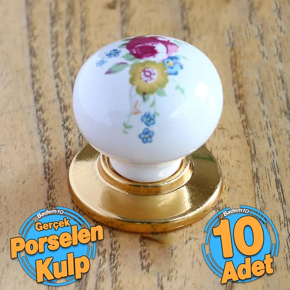 10 Adet Gül Gerçek Porselen Gold Düğme Kulplar Mobilya Mutfak Dolabı Çekmece Dolap Kulpu Kulbu Altın ürün görseli 1