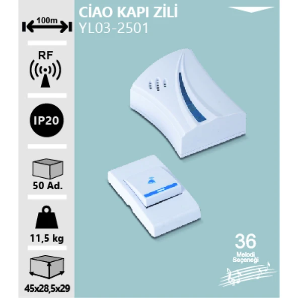 Noas Ciao Kapı Zili Kablosuz 100 Metre Mesafeli 36 Melodi Seçenekli ürün görseli 1