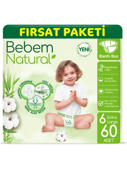 Bebem Natural 6 Numara Ekstra Large 60'lı Bebek Bezi ürün görseli 1