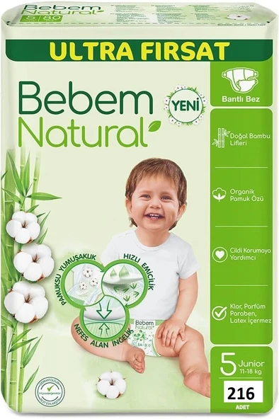 Bebem Natural 5 Numara Junior 216'lı Bebek Bezi ürün görseli 1