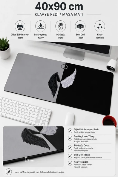 SonicTouch Klavye Mouse Pad Xxl 40x90Cm Melek ve Şeytan Kanatları Gamer Siyah Beyaz Pürüzsüz Yüzey ürün görseli 1