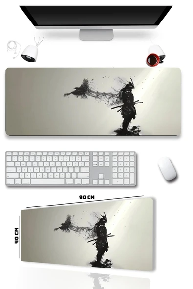 SonicTouch Kuzgun ve Samuray Dikişsiz Xxl Gamer Oyuncu Masaüstü Siyah Beyaz Klavye Mouse Pad 40x90Cm ürün görseli 1