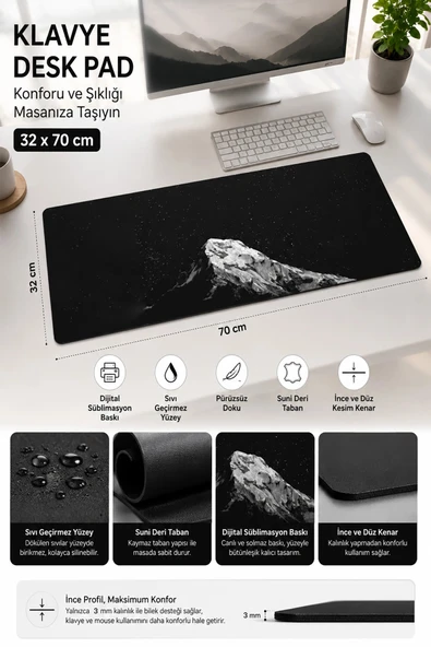 SonicTouch Klavye Mouse Pad 32x70Cm Siyah Dağ Temalı Gamer Oyuncu Sıvı Geçirmez Pürüzsüz Yüzey ürün görseli 1